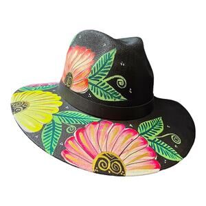 HAT MEXICAN Artisanal Hand Painted Fedora Floral Sombrero Panama Bohemian Black